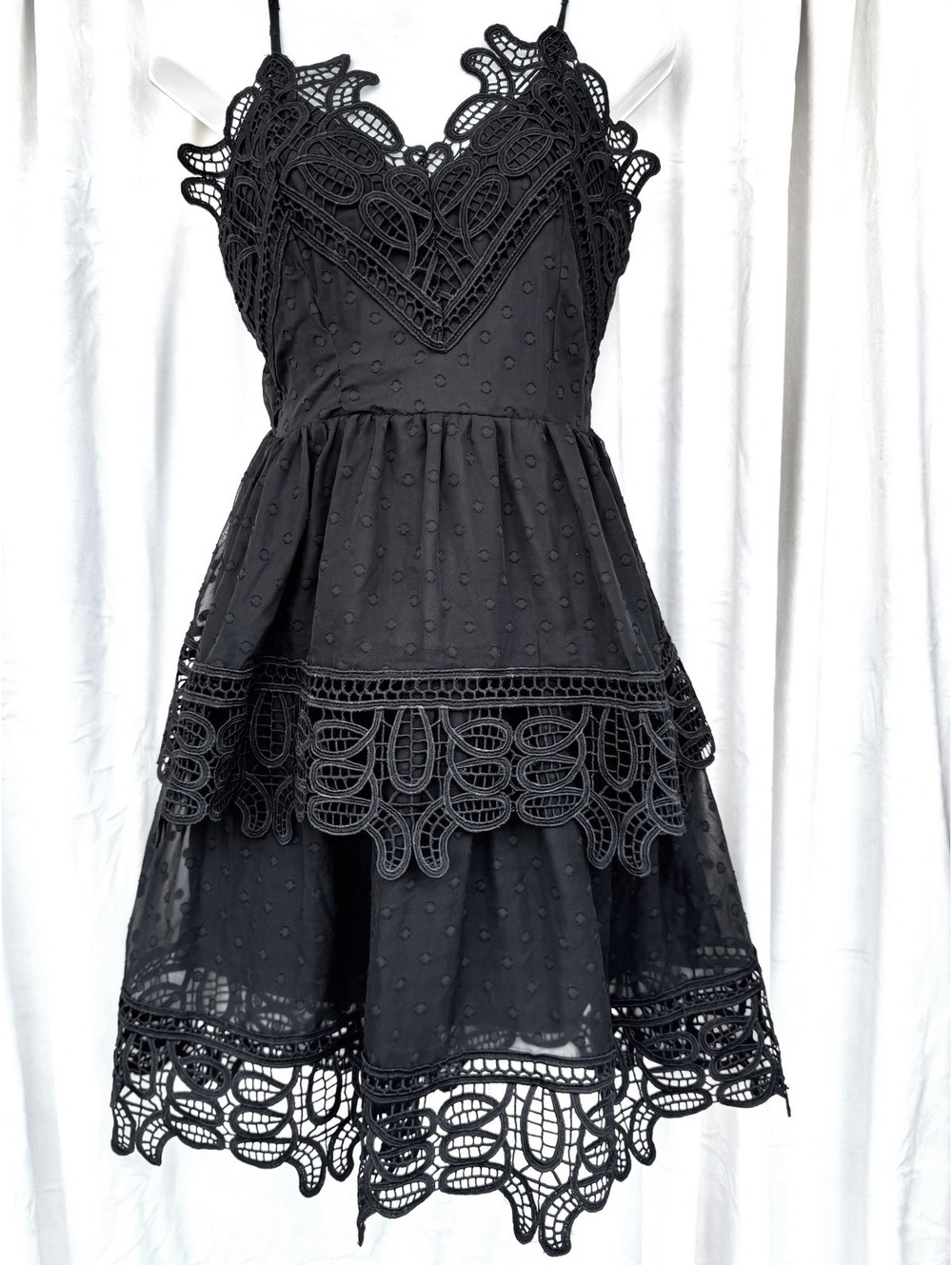 AQUA Black Lace Overlay Tiered Skirt Spaghetti Strap Dress Swiss Dot Size S